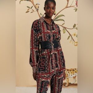 Farm Rio Black Snake Scarves Pleated Shirt